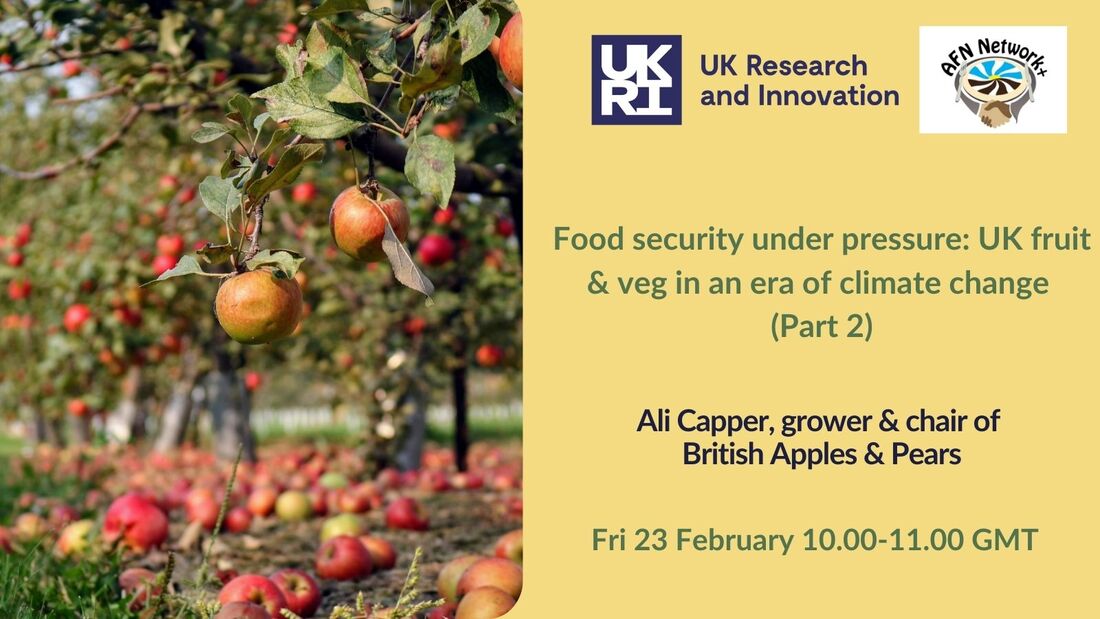 Promotional card for fruit webinar, with a picture of some apple trees.