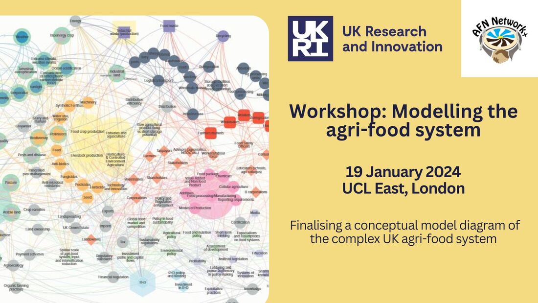 Promotional card for the workshop on modelling the agri-food system, with an image of the current model.