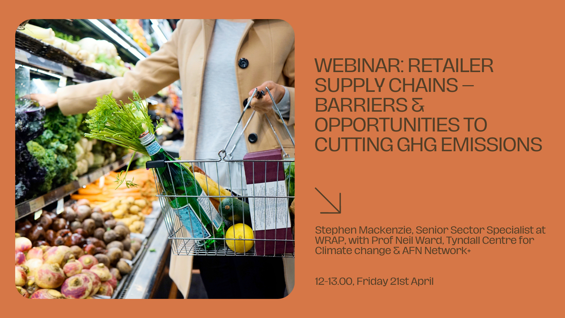 Image shows a woman holding a shopping basket in the supermarket in the vegetable aisle. Her basket contains food. Text reads 'Webinar: Retailer supply chains - barriers and opportunities to cutting ghg emissions' Stephen Mackenzie, senior sector specialist at WRAP, with professor Neil Ward, Tyndall Centre for Climate Change and AFN Network+