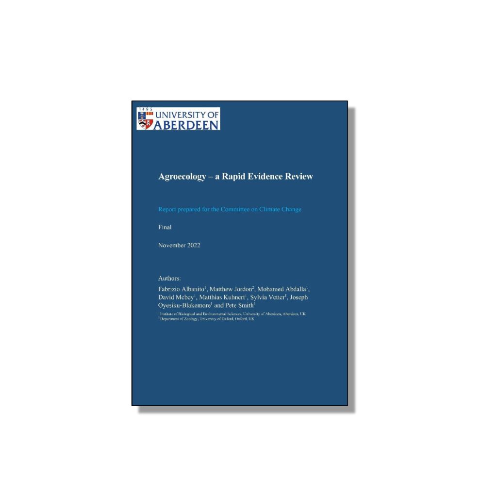 Cover of agroecology report, plain blue with the report's title on it.