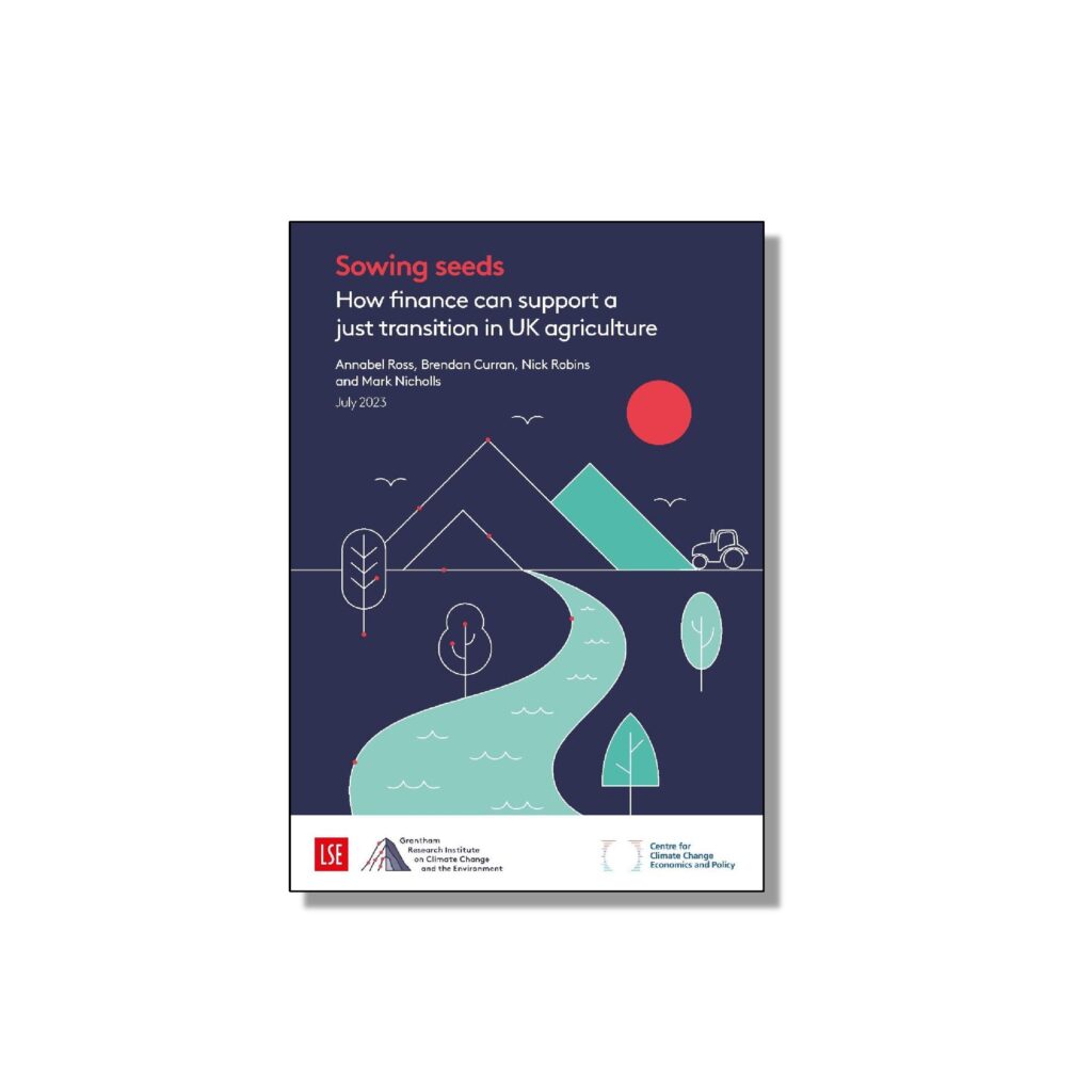 Cover of the report, featuring a cartoon of a farm, with a river running through it and mountains in the background. Although the mountains look more like pyramids.