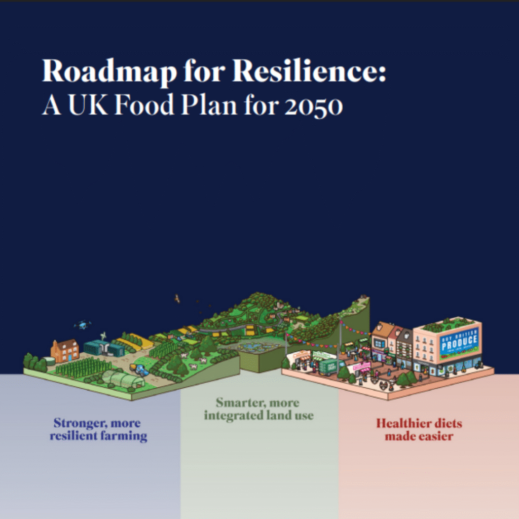 front cover of report, text reads ' roadmap for resilience: a uk food plan for 2050'. image shows three illustratoins showing a farm, a high street and a landscape.